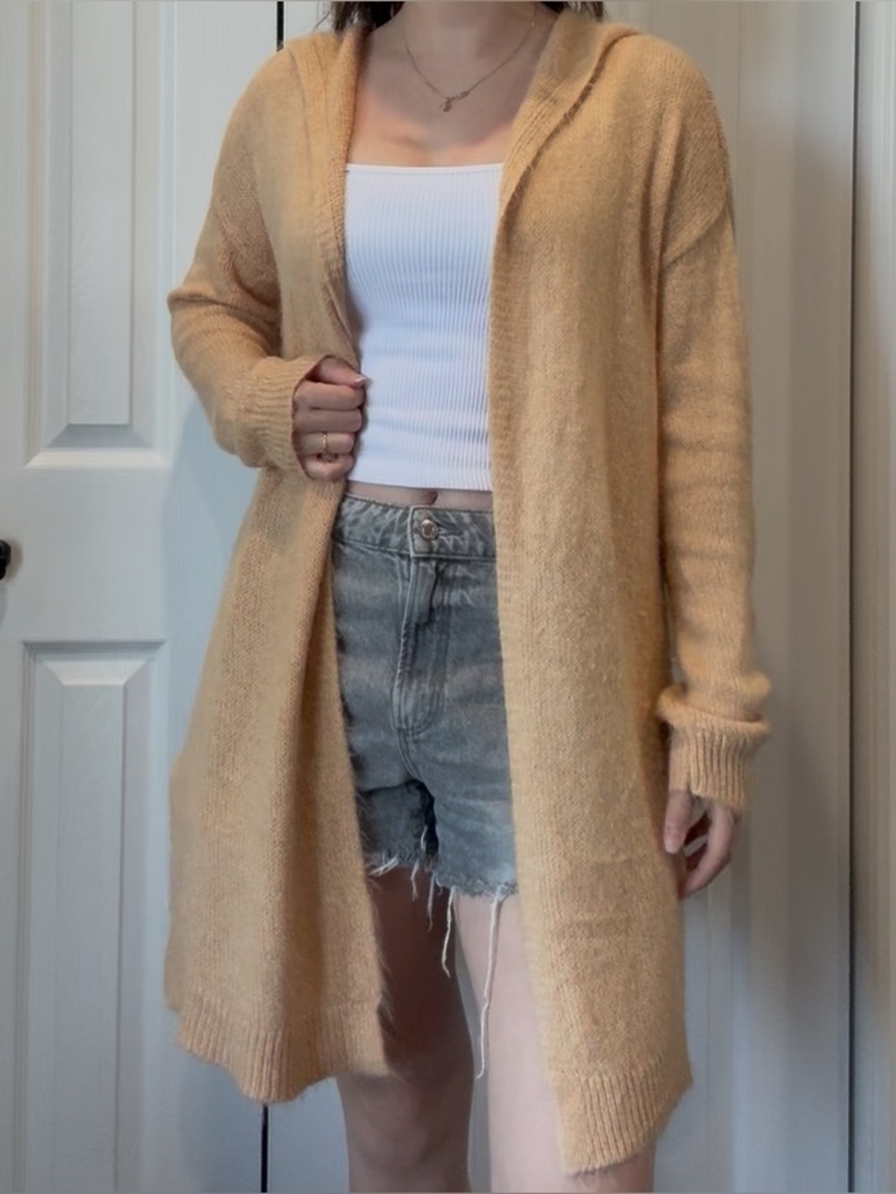 Calvin Klein Jeans Open Front Hooded Cardigan Sweater Beige Size Small